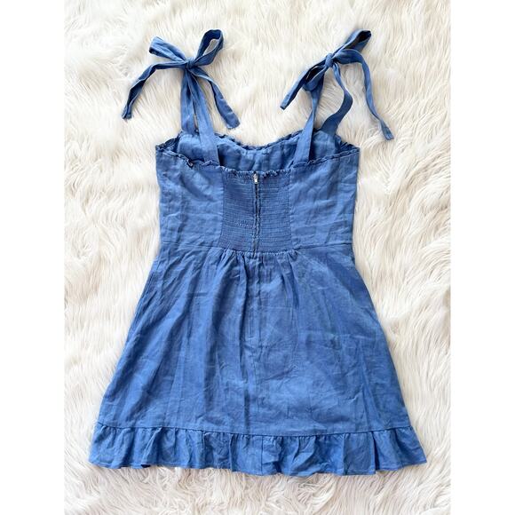 REFORMATION Desiree Linen Mini Dress Ruffle Sweetheart Bustier Tie Strap Blue - Picture 9 of 15